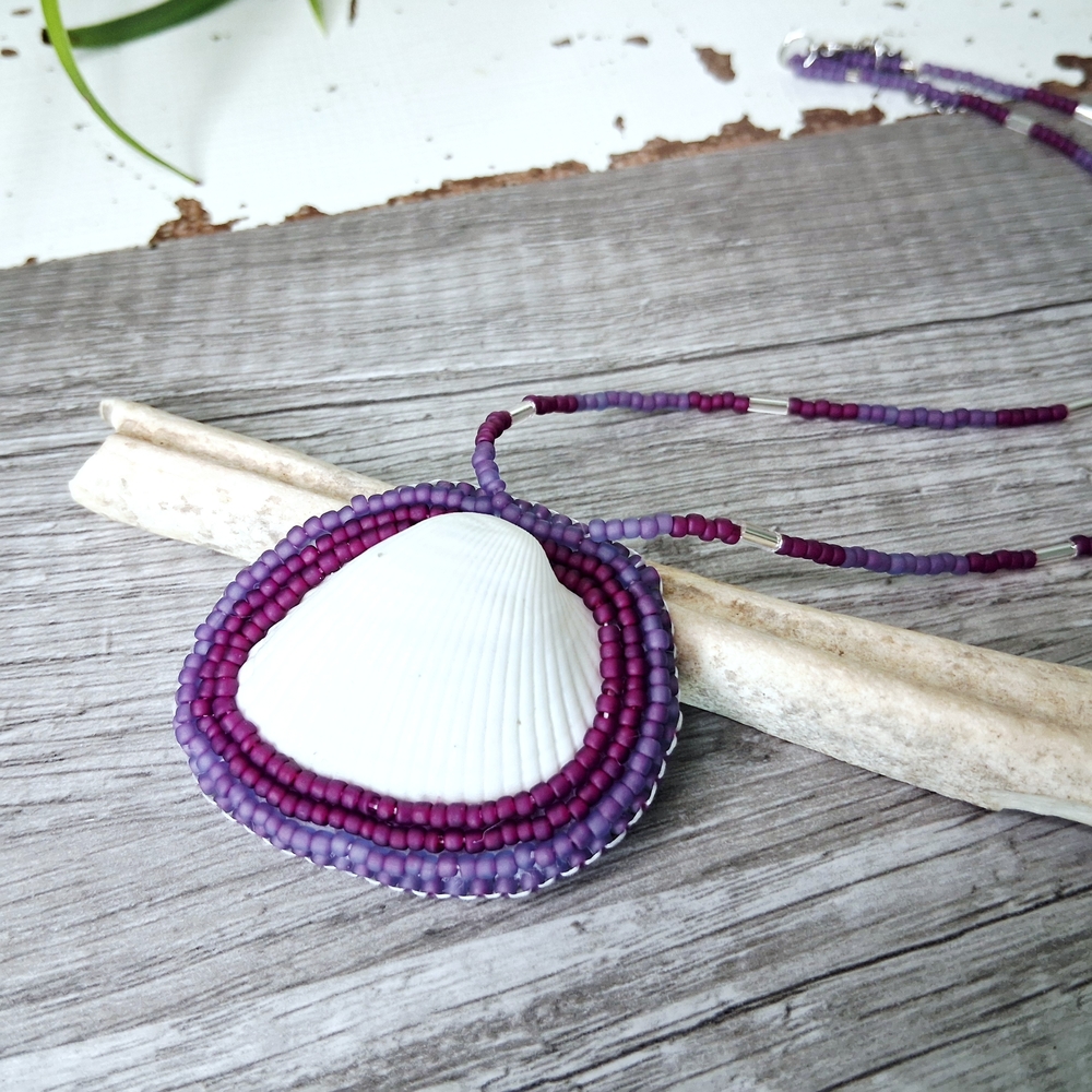 Handmade Purple Beaded Shell Pendant Necklace